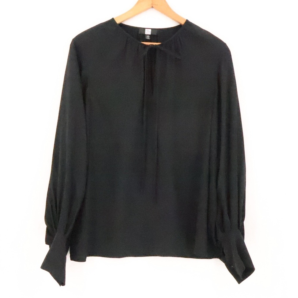 Saks Fifth Avenue Tie Neck Silk Blouse Top Size 12 Black Quiet Luxury Capsule